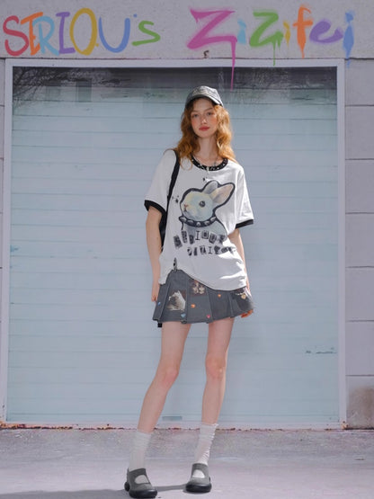 Rabbit Print Rivet  Piping Round Neck Short Sleeve Loose  T-Shirt【s0000013104】