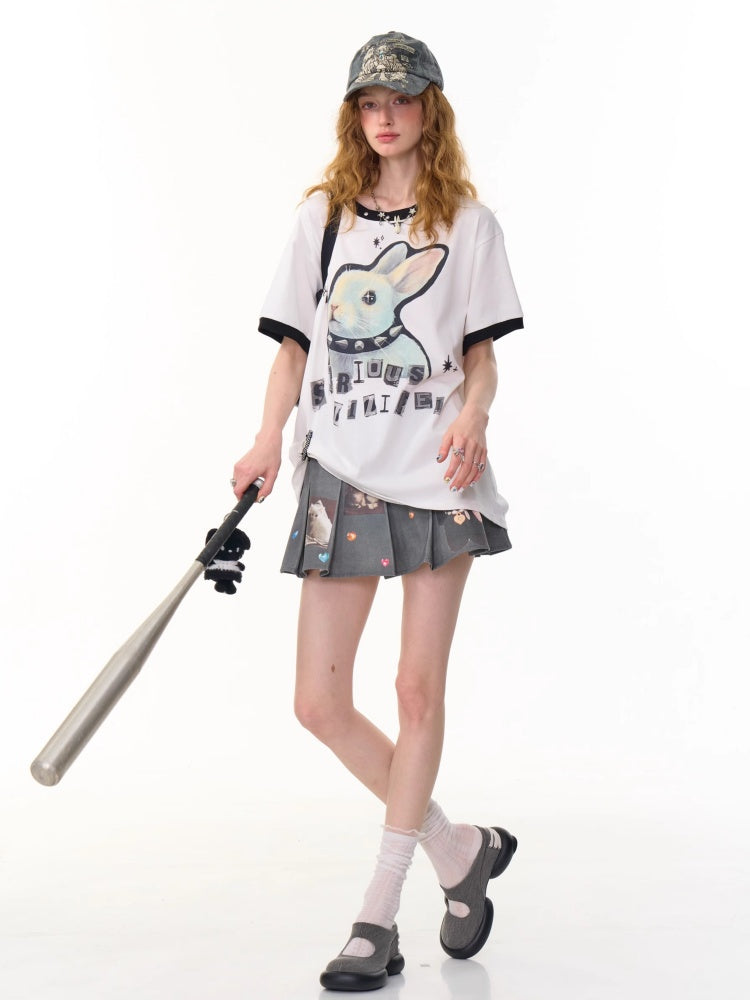 Rabbit Print Rivet  Piping Round Neck Short Sleeve Loose  T-Shirt【s0000013104】