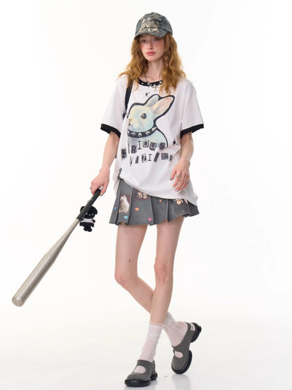 Rabbit Print Rivet  Piping Round Neck Short Sleeve Loose  T-Shirt【s0000013104】