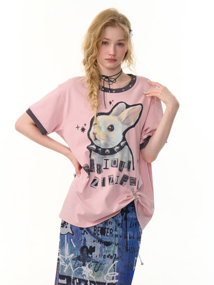 Rabbit Print Rivet  Piping Round Neck Short Sleeve Loose  T-Shirt【s0000013104】