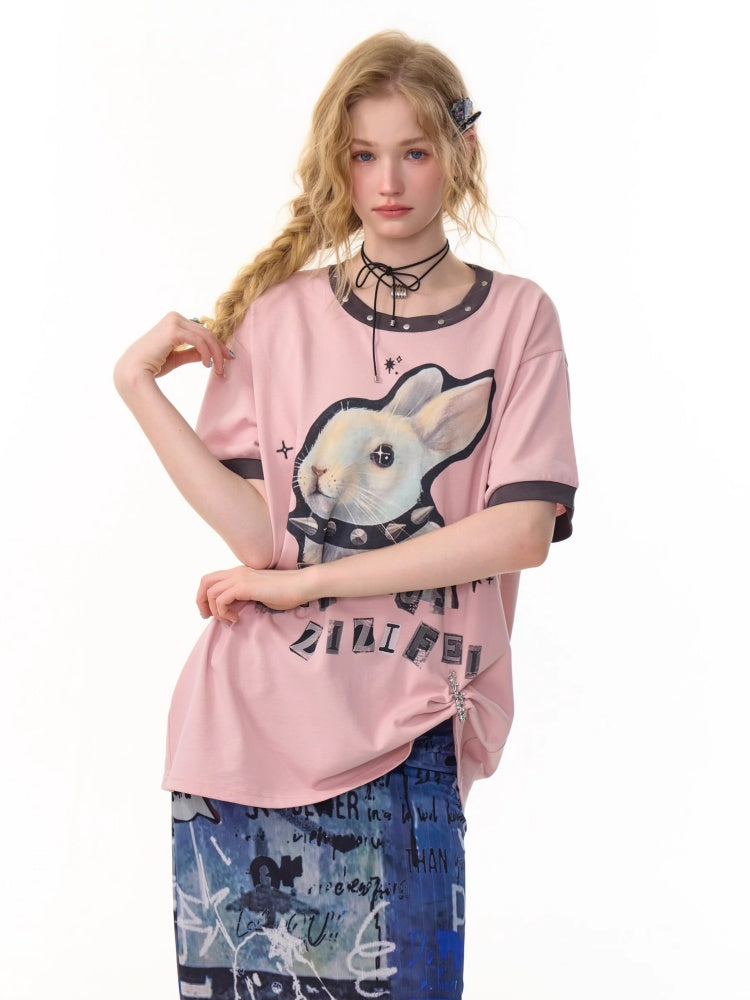 Rabbit Print Rivet  Piping Round Neck Short Sleeve Loose  T-Shirt【s0000013104】