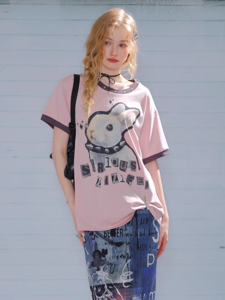 Rabbit Print Rivet  Piping Round Neck Short Sleeve Loose  T-Shirt【s0000013104】
