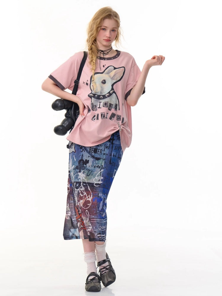 Rabbit Print Rivet  Piping Round Neck Short Sleeve Loose  T-Shirt【s0000013104】