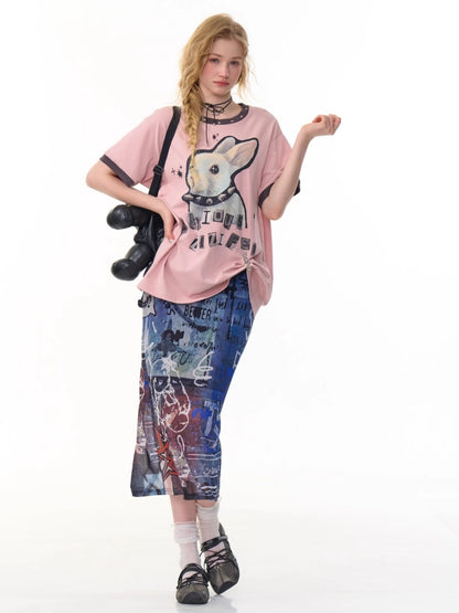 Rabbit Print Rivet  Piping Round Neck Short Sleeve Loose  T-Shirt【s0000013104】