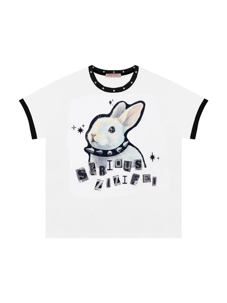 Rabbit Print Rivet  Piping Round Neck Short Sleeve Loose  T-Shirt【s0000013104】