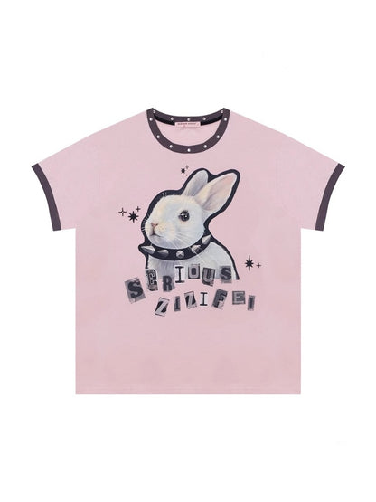 Rabbit Print Rivet  Piping Round Neck Short Sleeve Loose  T-Shirt【s0000013104】