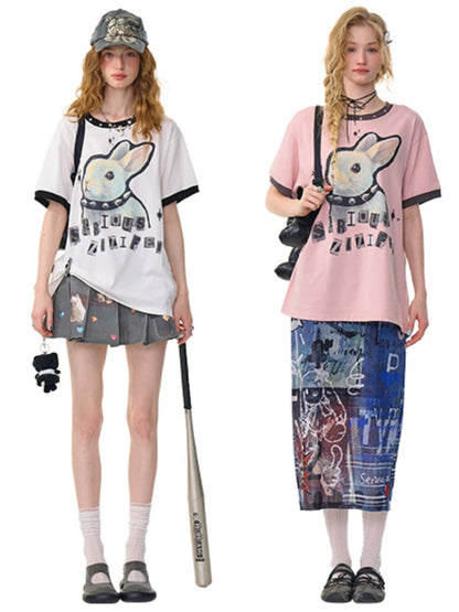 Rabbit Print Rivet  Piping Round Neck Short Sleeve Loose  T-Shirt【s0000013104】