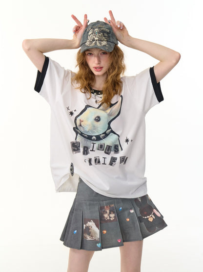 Rabbit Print Rivet  Piping Round Neck Short Sleeve Loose  T-Shirt【s0000013104】