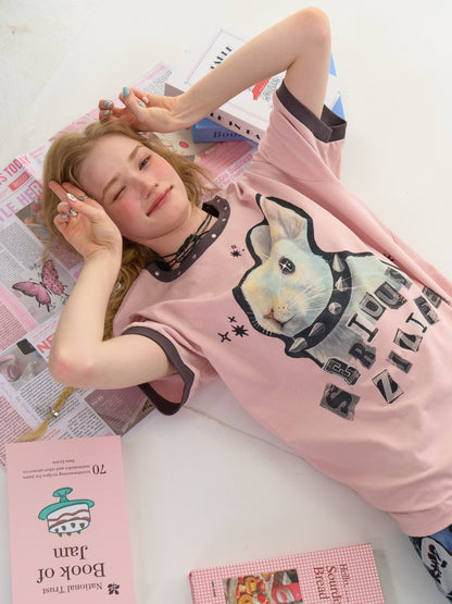 Rabbit Print Rivet  Piping Round Neck Short Sleeve Loose  T-Shirt【s0000013104】