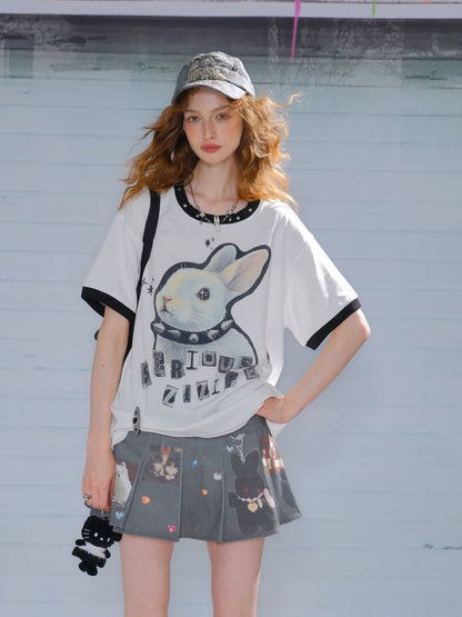 Rabbit Print Rivet  Piping Round Neck Short Sleeve Loose  T-Shirt【s0000013104】