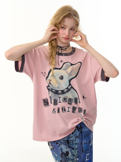 Rabbit Print Rivet  Piping Round Neck Short Sleeve Loose  T-Shirt【s0000013104】