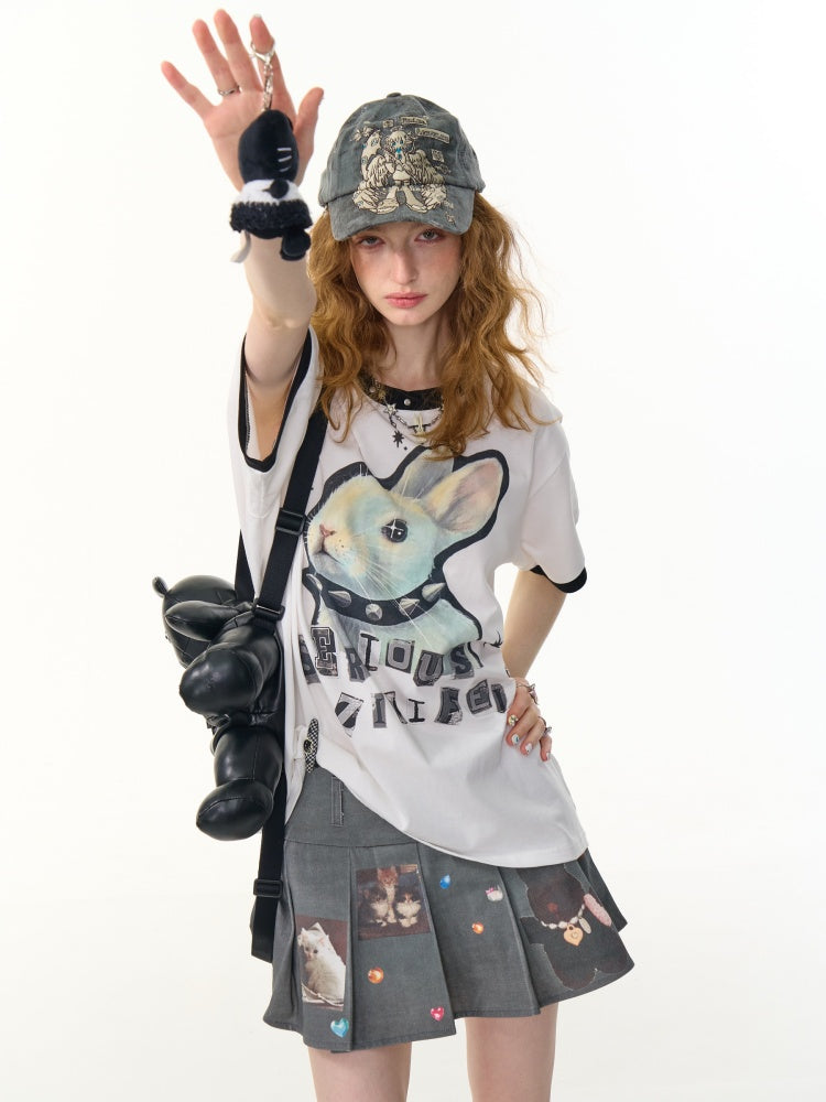 Rabbit Print Rivet  Piping Round Neck Short Sleeve Loose  T-Shirt【s0000013104】