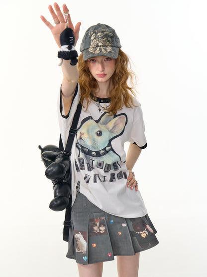 Rabbit Print Rivet  Piping Round Neck Short Sleeve Loose  T-Shirt【s0000013104】