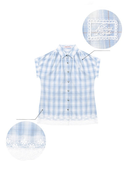 Check Stitched Lace Hem Short Sleeve Shirt【s0000013106】