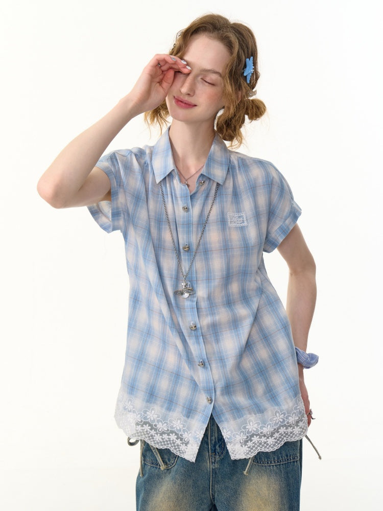 Check Stitched Lace Hem Short Sleeve Shirt【s0000013106】