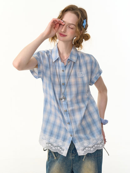Check Stitched Lace Hem Short Sleeve Shirt【s0000013106】
