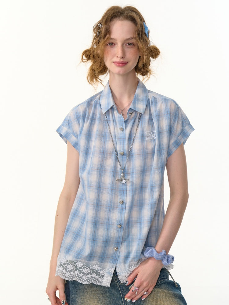 Check Stitched Lace Hem Short Sleeve Shirt【s0000013106】