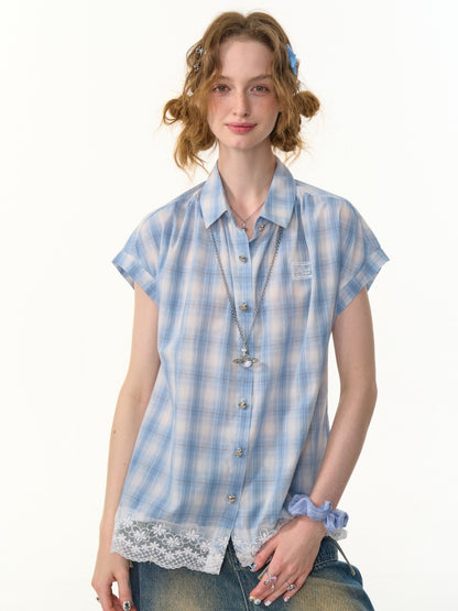 Check Stitched Lace Hem Short Sleeve Shirt【s0000013106】