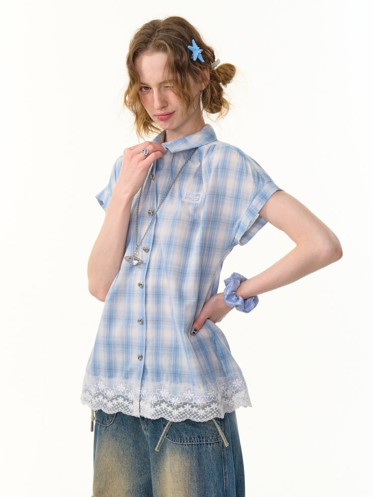Check Stitched Lace Hem Short Sleeve Shirt【s0000013106】