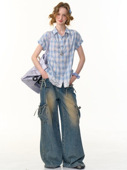 Check Stitched Lace Hem Short Sleeve Shirt【s0000013106】