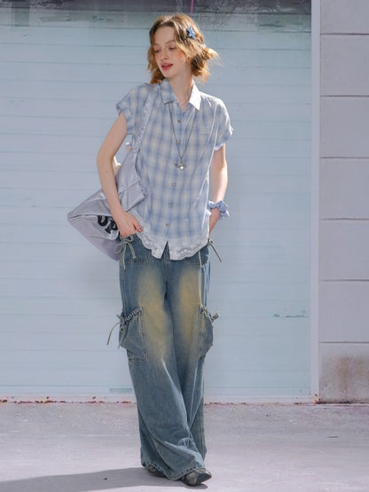 Check Stitched Lace Hem Short Sleeve Shirt【s0000013106】