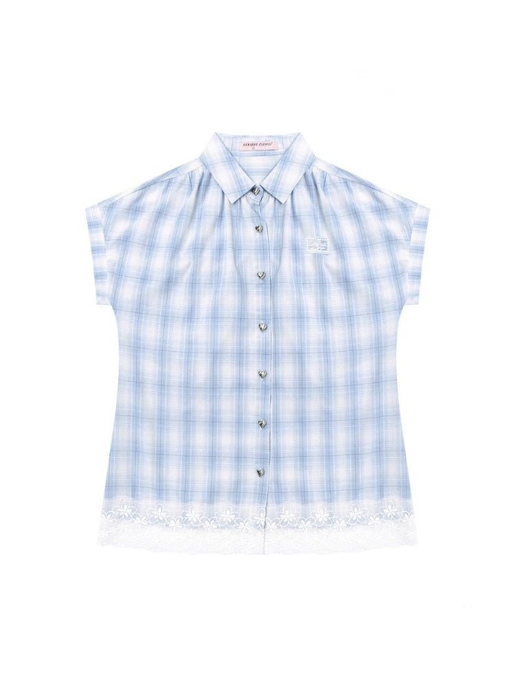 Check Stitched Lace Hem Short Sleeve Shirt【s0000013106】