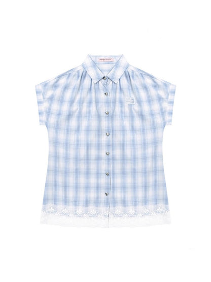 Check Stitched Lace Hem Short Sleeve Shirt【s0000013106】