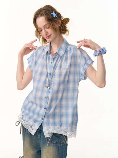 Check Stitched Lace Hem Short Sleeve Shirt【s0000013106】