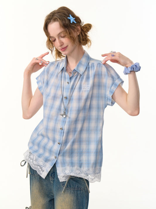 Check Stitched Lace Hem Short Sleeve Shirt【s0000013106】
