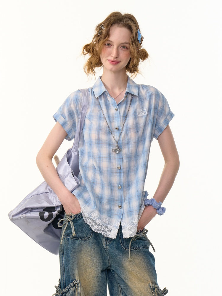 Check Stitched Lace Hem Short Sleeve Shirt【s0000013106】