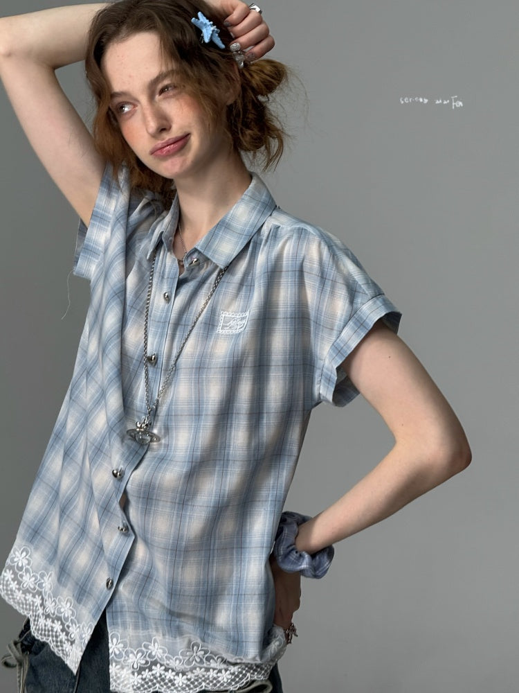 Check Stitched Lace Hem Short Sleeve Shirt【s0000013106】