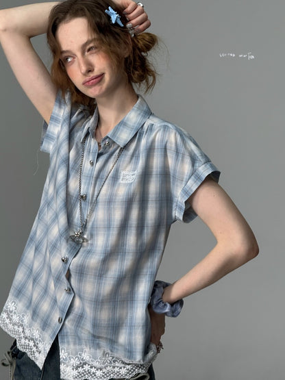 Check Stitched Lace Hem Short Sleeve Shirt【s0000013106】
