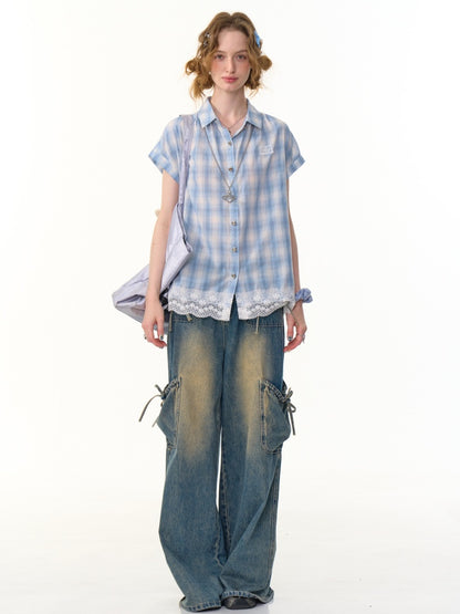 Check Stitched Lace Hem Short Sleeve Shirt【s0000013106】