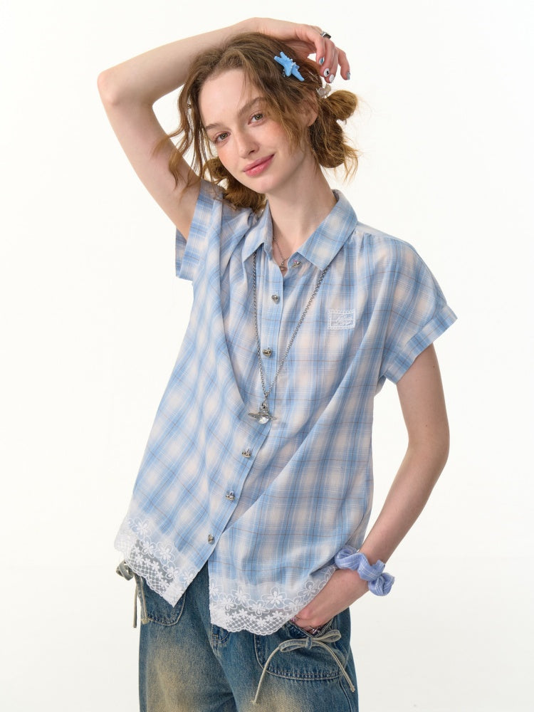 Check Stitched Lace Hem Short Sleeve Shirt【s0000013106】