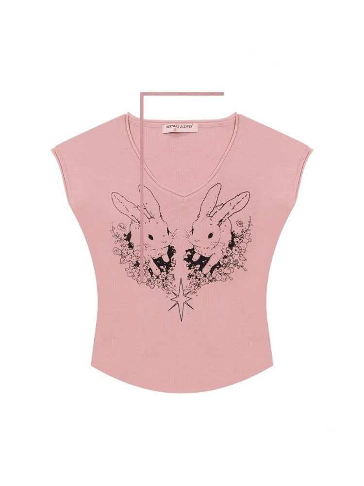 Rabbit Graphic V-Neck Choker Short Sleeve T-Shirt【s0000013107】