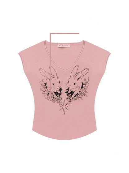 Rabbit Graphic V-Neck Choker Short Sleeve T-Shirt【s0000013107】
