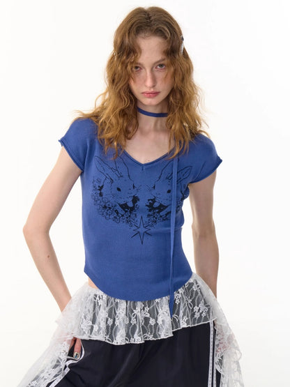 Rabbit Graphic V-Neck Choker Short Sleeve T-Shirt【s0000013107】