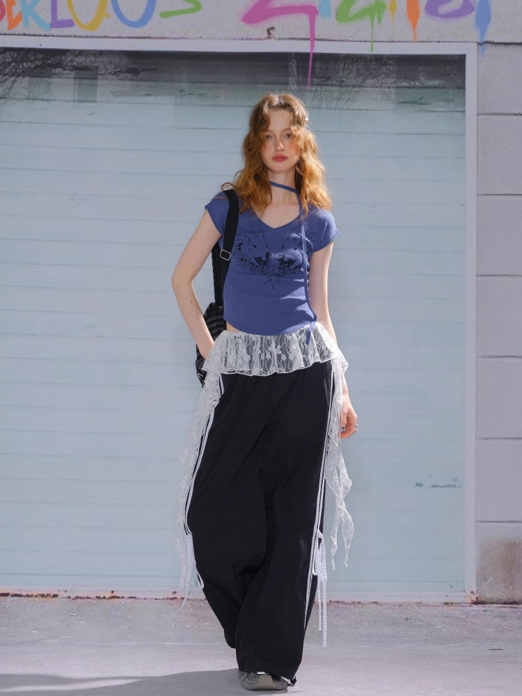 Rabbit Graphic V-Neck Choker Short Sleeve T-Shirt【s0000013107】