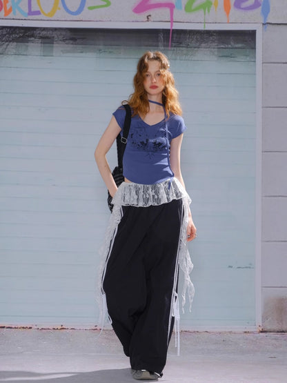 Rabbit Graphic V-Neck Choker Short Sleeve T-Shirt【s0000013107】