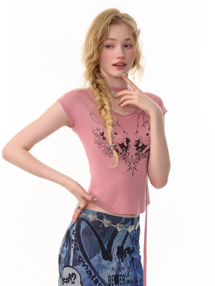 Rabbit Graphic V-Neck Choker Short Sleeve T-Shirt【s0000013107】