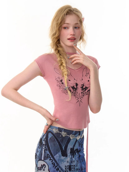 Rabbit Graphic V-Neck Choker Short Sleeve T-Shirt【s0000013107】
