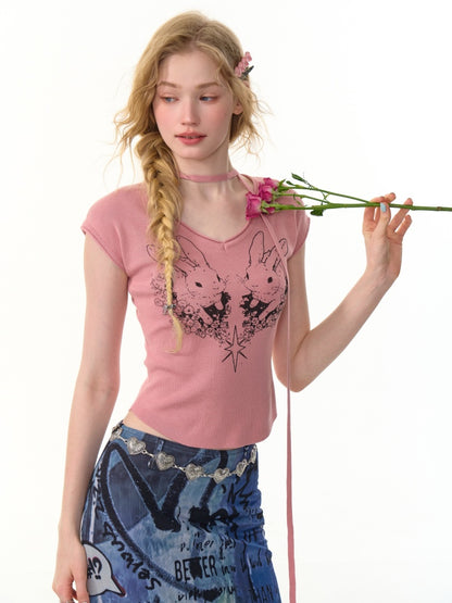 Rabbit Graphic V-Neck Choker Short Sleeve T-Shirt【s0000013107】