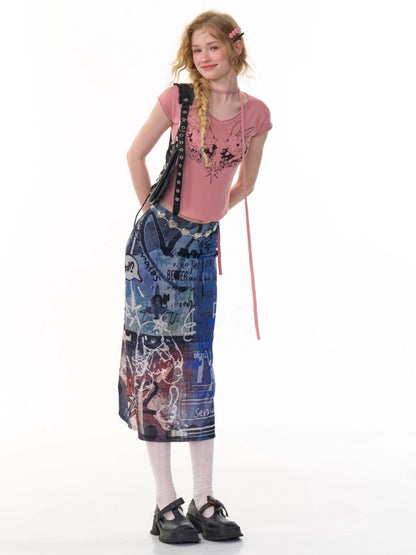 Rabbit Graphic V-Neck Choker Short Sleeve T-Shirt【s0000013107】