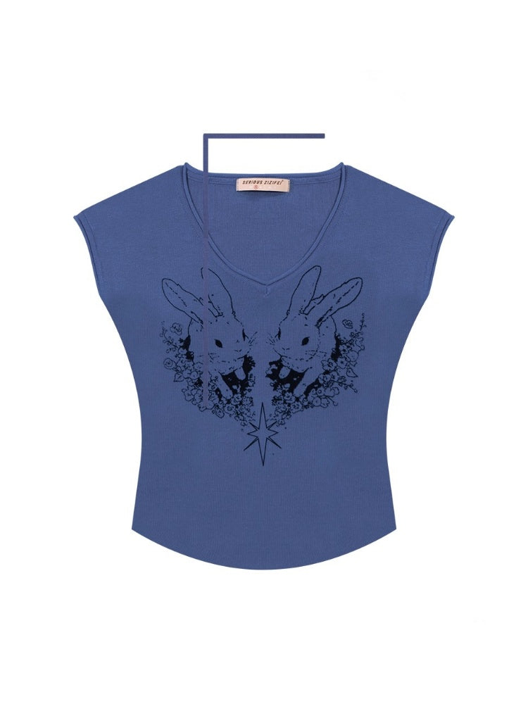 Rabbit Graphic V-Neck Choker Short Sleeve T-Shirt【s0000013107】