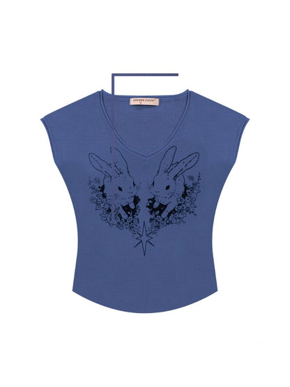 Rabbit Graphic V-Neck Choker Short Sleeve T-Shirt【s0000013107】