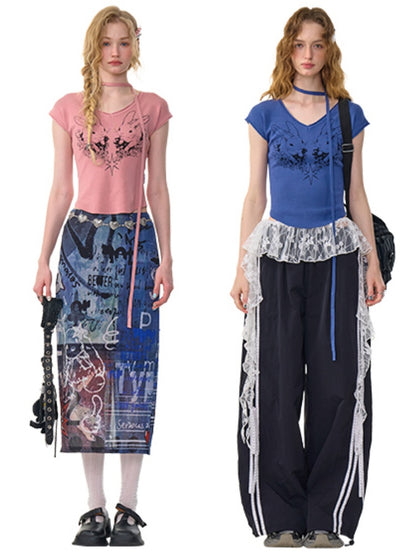 Rabbit Graphic V-Neck Choker Short Sleeve T-Shirt【s0000013107】