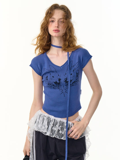 Rabbit Graphic V-Neck Choker Short Sleeve T-Shirt【s0000013107】