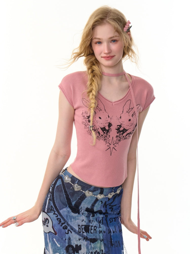 Rabbit Graphic V-Neck Choker Short Sleeve T-Shirt【s0000013107】