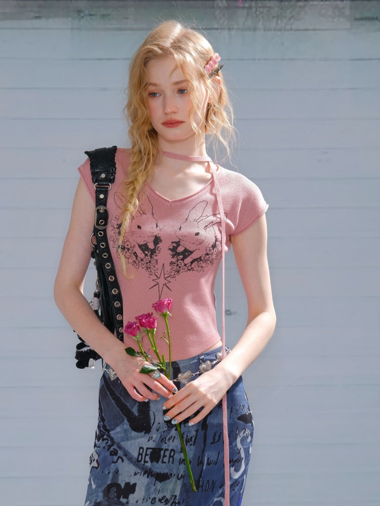 Rabbit Graphic V-Neck Choker Short Sleeve T-Shirt【s0000013107】