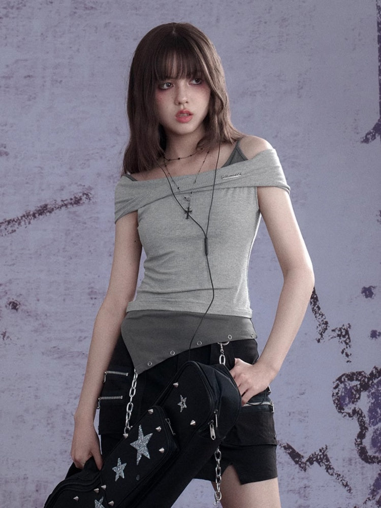 Twisted Off Shoulder Faux Layered Ribbed Tops【s0000013109】